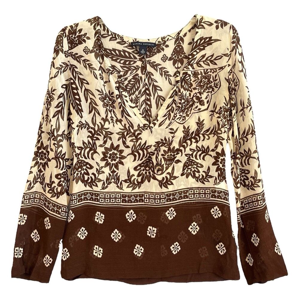 Banana Republic Y2K Silk Tunic Top Small Brown Floral Boho Hippie Artsy Festival